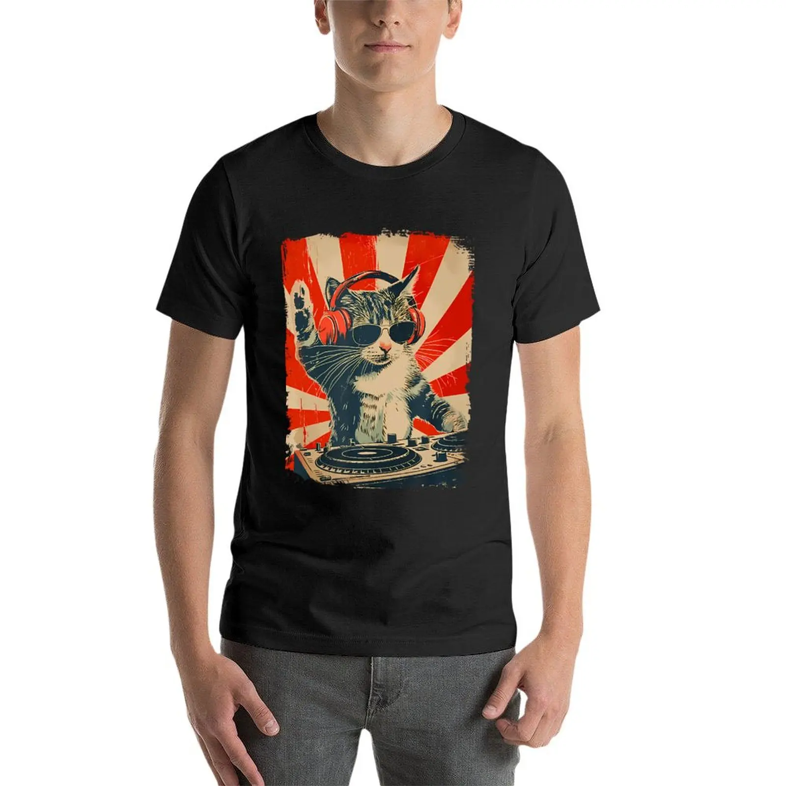 Funny Dj Cat Disco Sound Tech Headphone Music T-Shirt Aesthetic clothing vintage clothes fitted t shirts for men