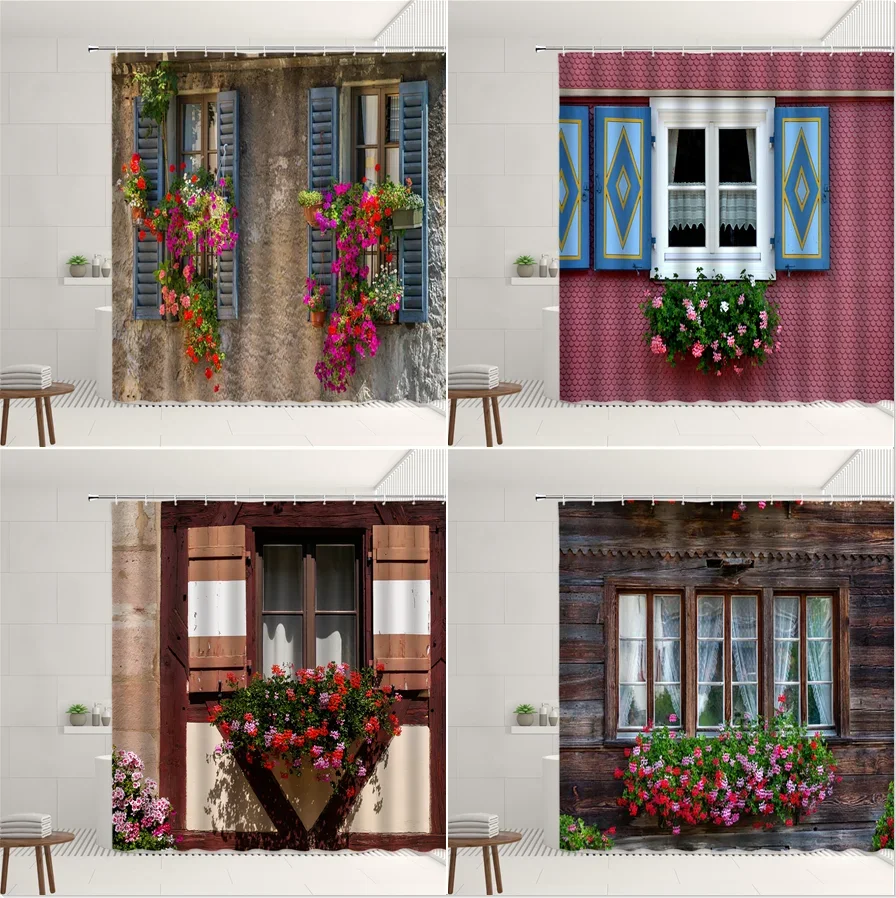 Retro Vintage Wooden Flower Window Shower Curtain Street Plants Flowers Green Leaves Geranium Home Decor Wall Hanging Curtains