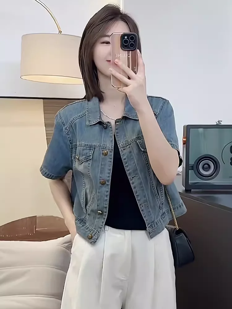 Short Sleeve Denim Shirt Women's Casual Thin Outerwear Korean Style Loose Fit Summer New Arrival Versatile Small Shoulder