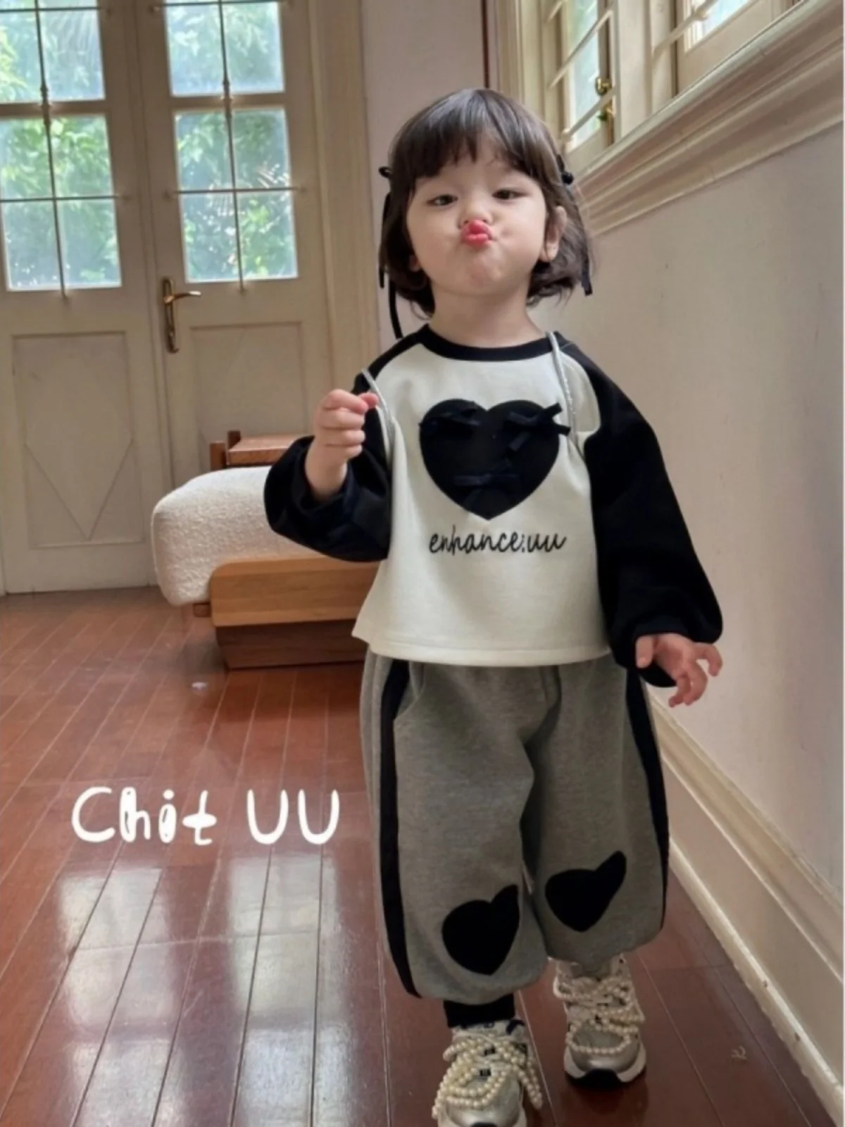 Baby Girl Hoodie Set Long Sve Heart Print Two-Piece Outfit Spring Autumn Korean-sle Children's Wear Comfortable Cotton B...
