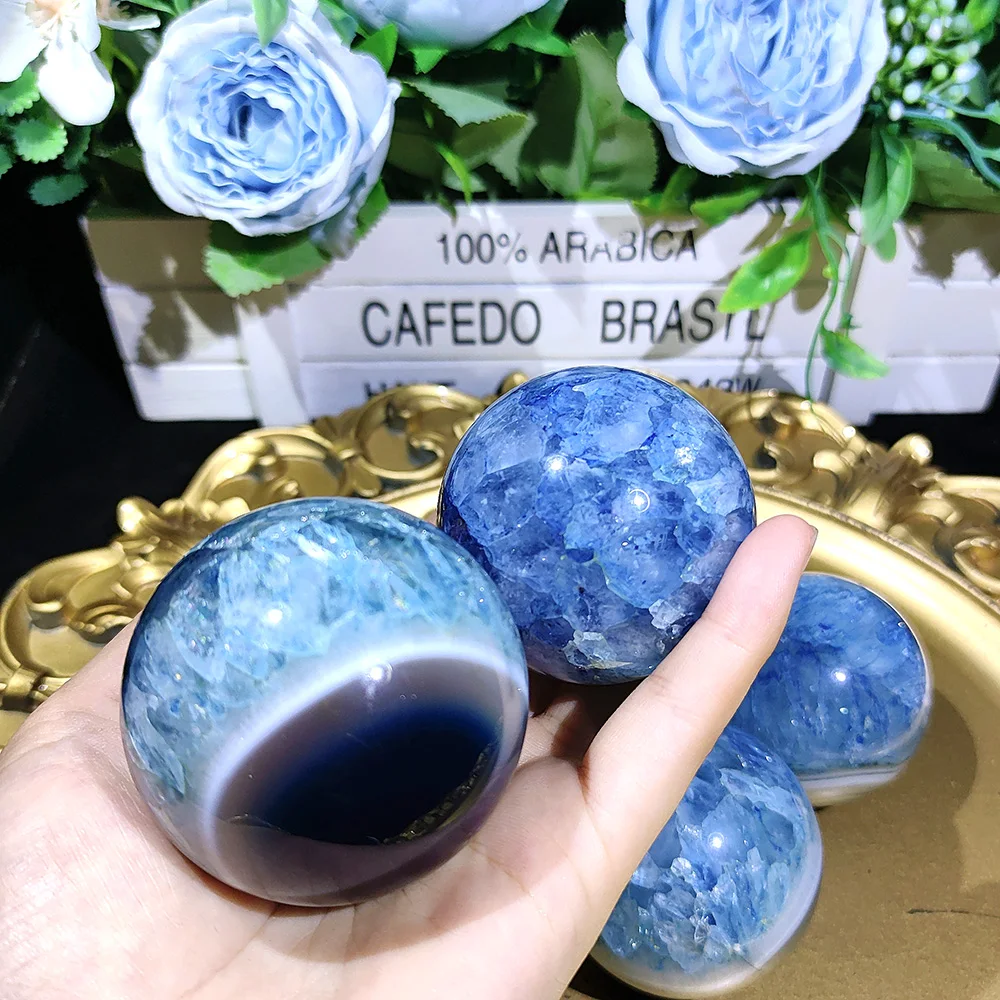 1Pc Blue Sardonyx Agate Sphere Narural Crystal Ball Carving Crafts Gemstone For FengShui Meditation Home Decor Gift Halloween