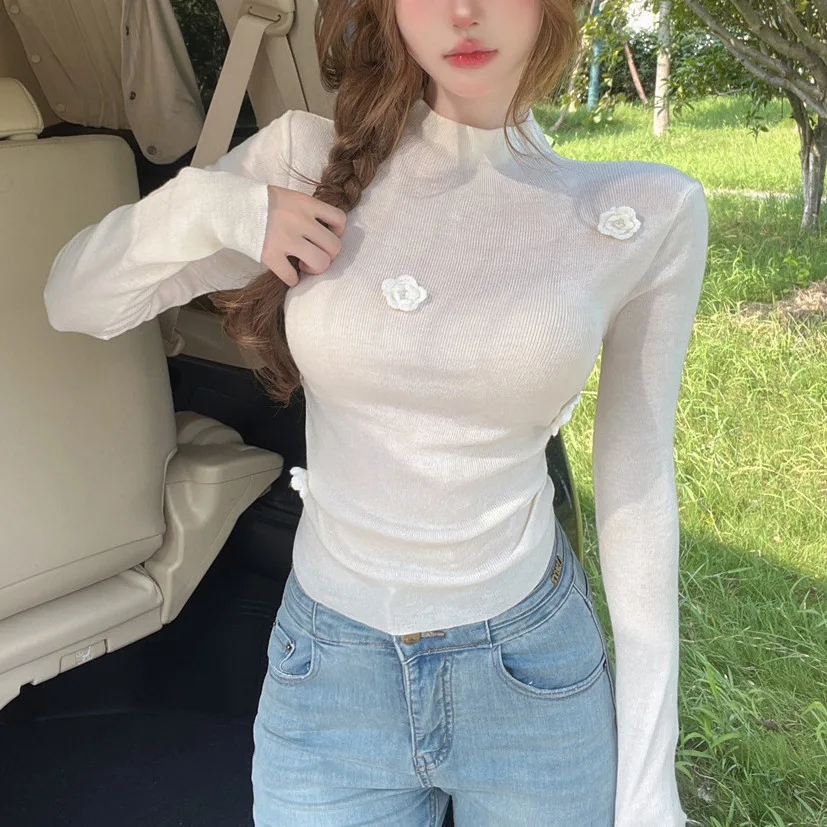 

7904, новая весенняя полуводолазка ручной работы с цветочным принтом на талии и рюшами, облегающая базовая рубашка для женщин