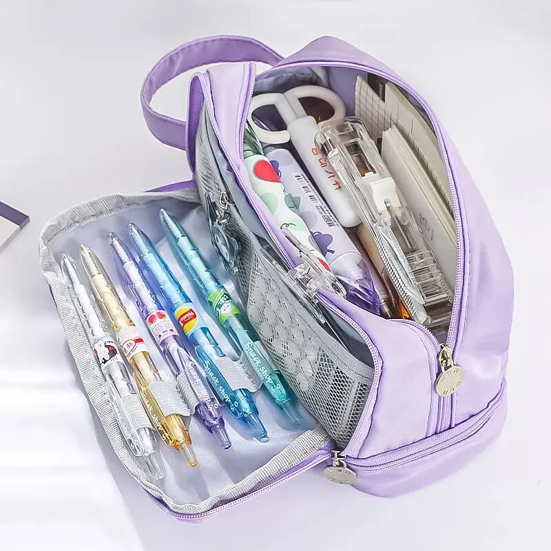 Waterproof Canvas Pencil Case, Camadas duplas, grande capacidade, classificação de armazenamento, Pen Pouch, School Makeup Bag