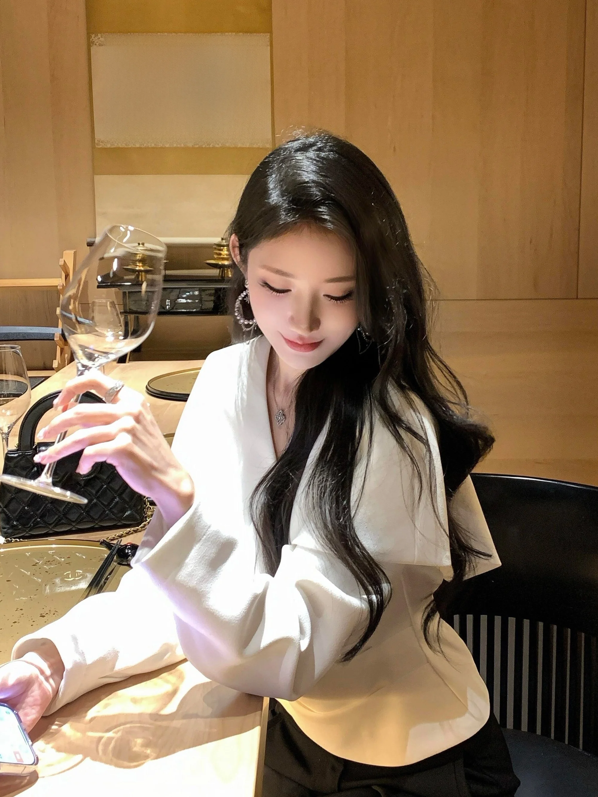 

Elegant Women's Shirt V-Neck Puff Sleeve Slim Fit Long Dress Polyester Fiber Gathered Waist Style French Style Autumn Winter