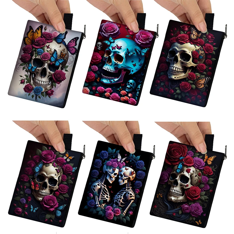 Gothic Skull Rose Butterfly Coin Purse Dark Fantasy Wallets ID Credit Card Key Earphones Holder Harajuku Coin Bag Zipper Pouch