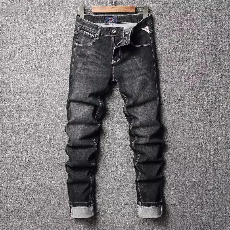 New Fashion Men's Jeans High Quality Vintage Washed Black Elastic Slim Fit Split Jeans Men's Designer Vintage Denim Pants Hombre