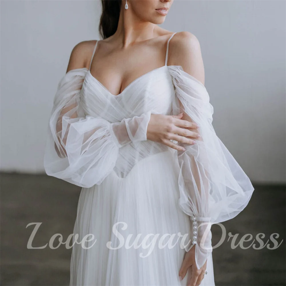 Plisowane suknie ślubne A Line V Neck Tulle Bridal Gowns Sexy Off Shoulder Floor Length Bride Dress vestidos para mujer