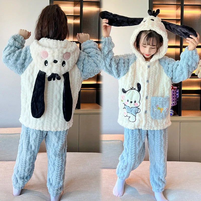 2023 Sanrios Cinnamoroll Kuromi My Melody Children\'s Winter Cute Plush Pajamas Anime Flannel Sleepwear Boy Girl Set Home Clothes