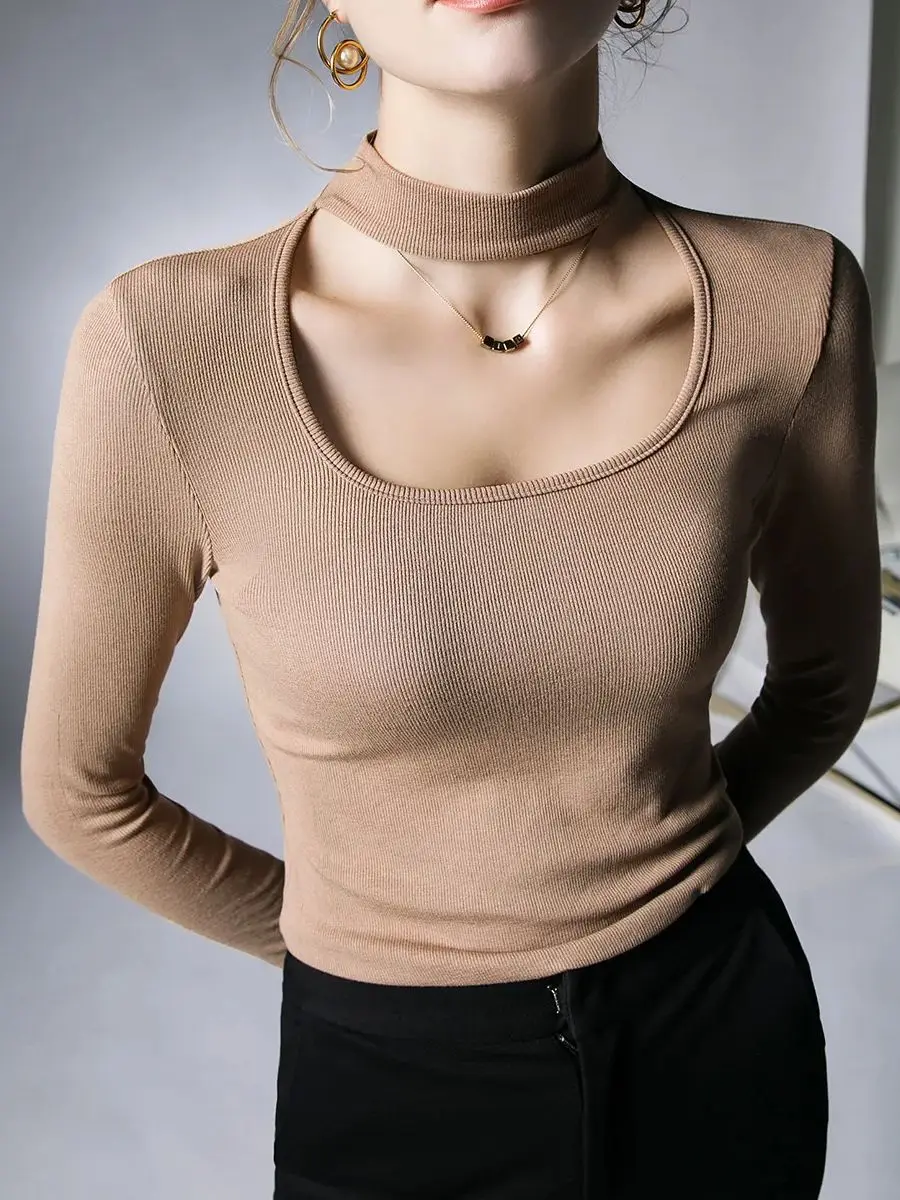 autumn spring T-shirt girls slim stretchy chic halter tshirts woman square collar full sleeve elegant fashion top