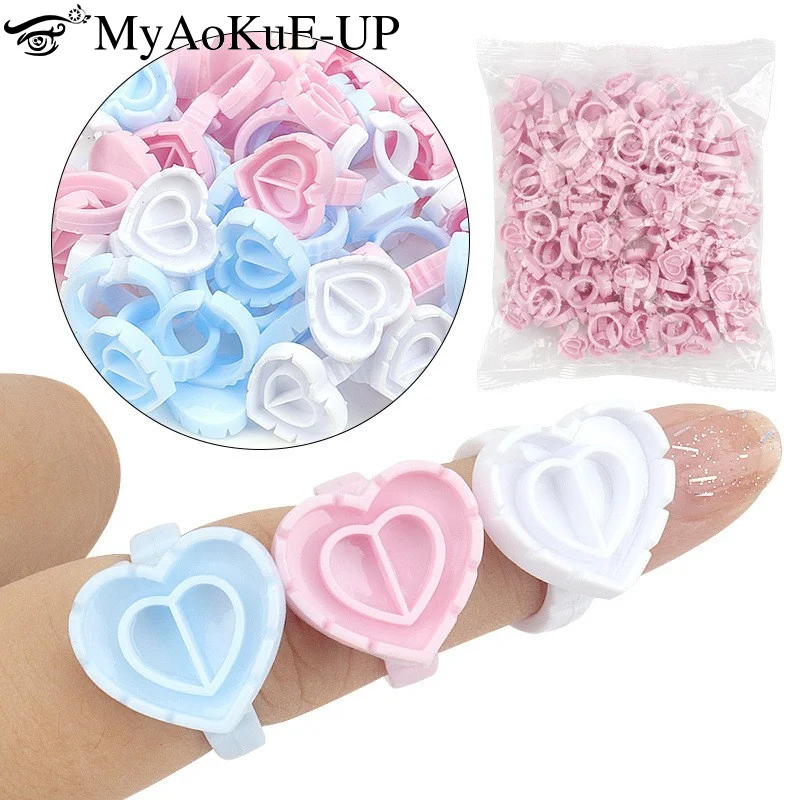 100Pcs Disposable Glue Ring Holder Eyelash Extension Supplies Heart Shaped Lash Lifting Glue Fan Cup Tattoo Pigment Makeup Tool