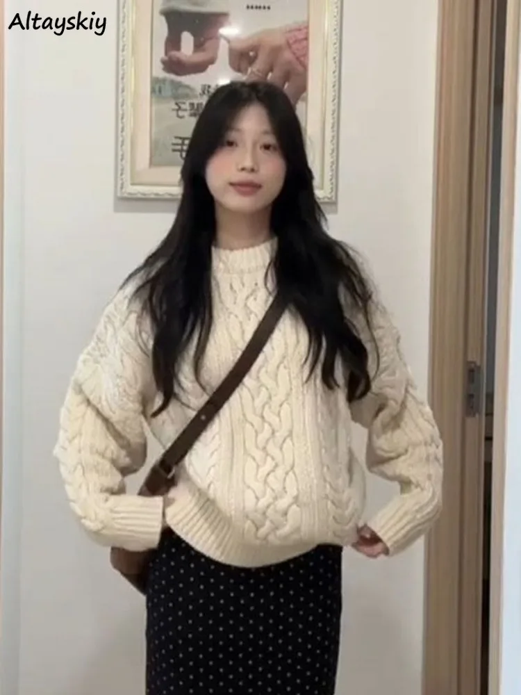 

Пуловеры женские однотонные универсальные модные корейские милые мягкие вязаные свитера осень-зима с круглым вырезом ленивый стиль повседневные теплые