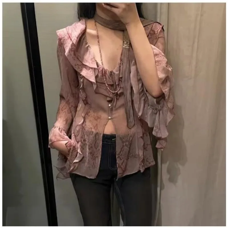 

Шикарные весенние женские рубашки с розовым цветком и животным принтом, винтажная блузка, модная сексуальная многоуровневая рубашка большого размера 2025 года