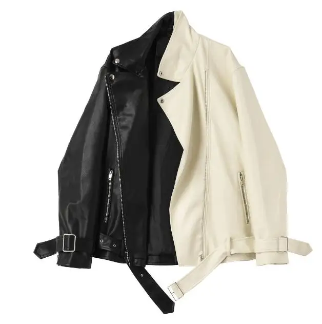 Women Faux Leather Jacket With Belt Splicing Color Turndown Collar Coat Zipper Outside Leather Overcoat