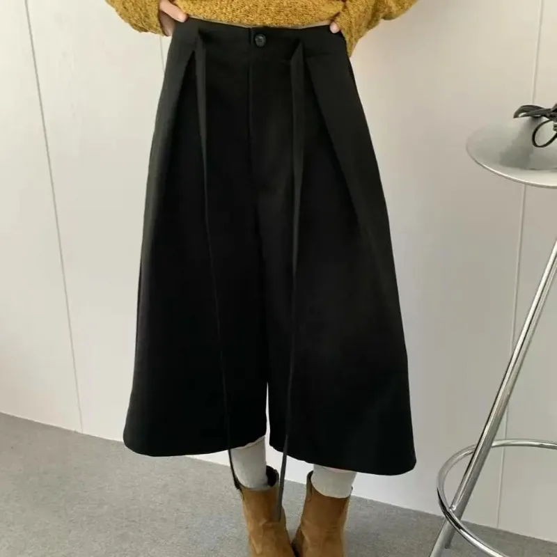 Winter Casual Pants Simple Casual Double-sided Pocket Wide-leg Pants High-waisted Slightly Elastic Cropped Pants