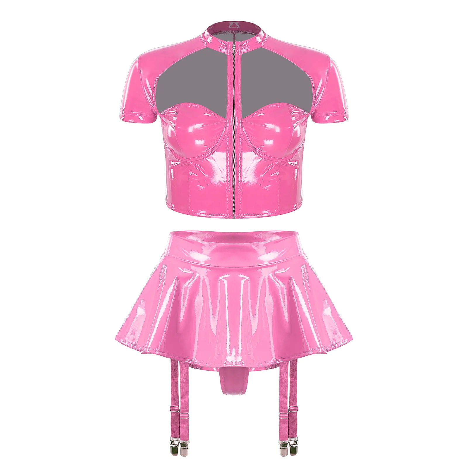 

Женский комплект нижнего белья для вечеринок: топ-кроп с пуш-ап эффектом, вырезами и встроенными стрингами, мини-юбка из искусственной кожи с эффектом мокрой кожи, клубная одежда