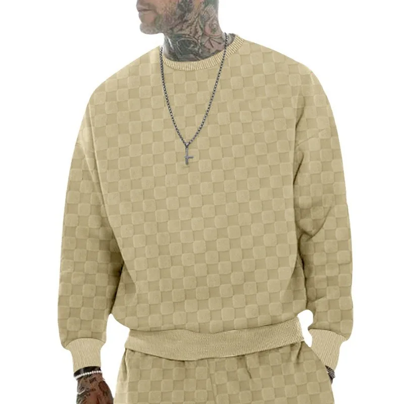Cross-border men\'s clothing autumn and winter heavy jacquard checkerboard round neck casual bottoming shirt knitted long sleeves