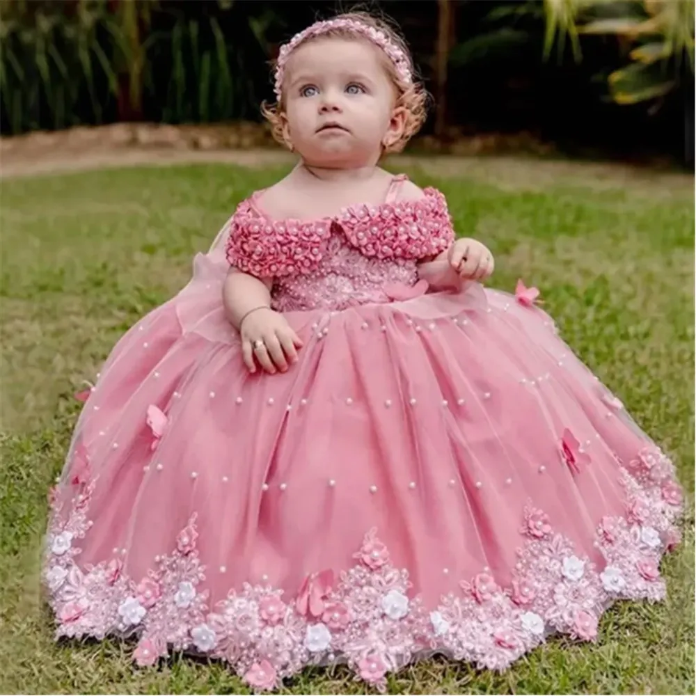 

Customized Luxury Flower Girl Wedding Dress Appliques Pearl with Bow Off Shoulder Kids Birthday Banquet Holy Communion Gown