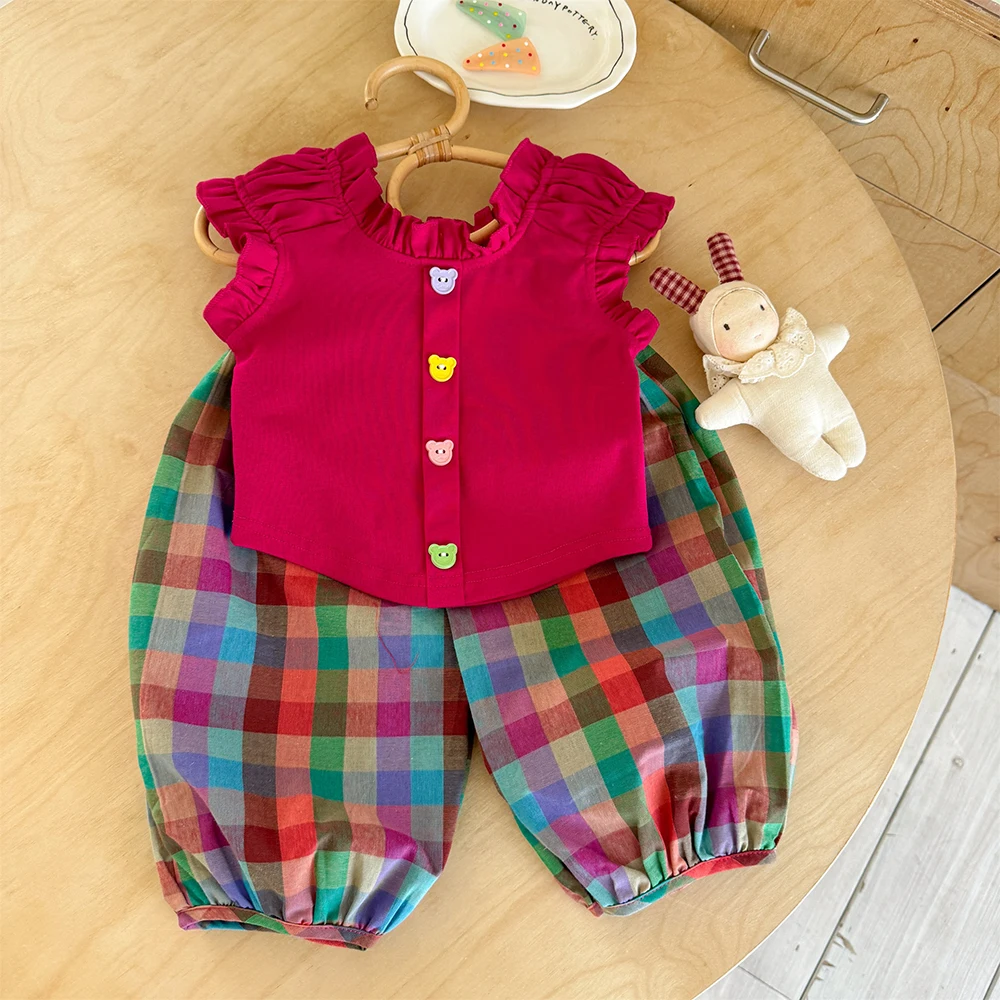 Girls Summer Clothes Set Rose Red Ruffles Sleeve T-shirts+Plaid Pants 2Ps for Kids Korean Style Children Clothing Outfit Suit