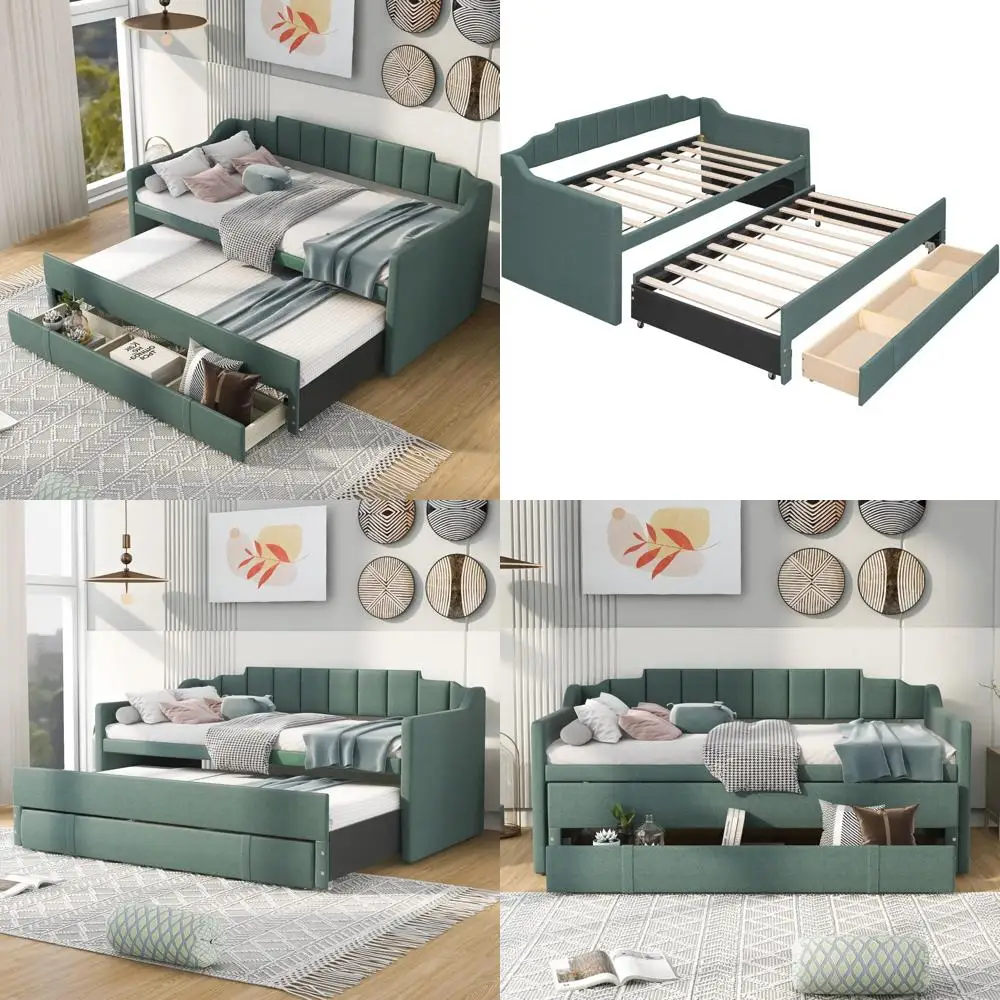 

Hot Sales Elegant Twin-size Daybed With Trundle And Storage Drawers, Linen Sofa Bed, Family-friendly Wood Slat Daybed