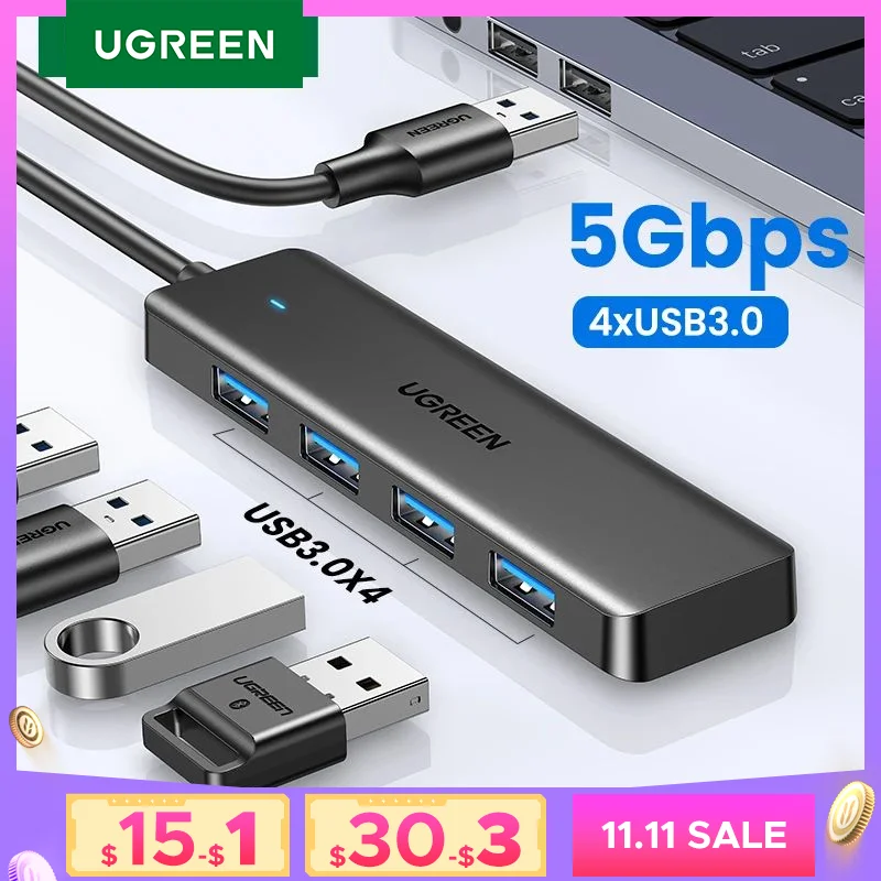 Ugreen Usb 3.0 Hub 4 Poorten Usb Hub Slank Voor Muis, Toetsenbord Compatibel Met Macbook Pro Air