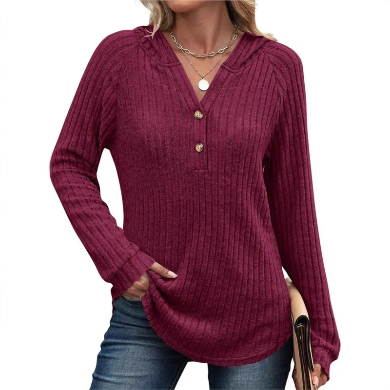 Fashion Simple Pit Stripes Top Hooded sweatshirt Autumn Winter Women's Knitted Solid color Button V-neck Long sleeves Pullover