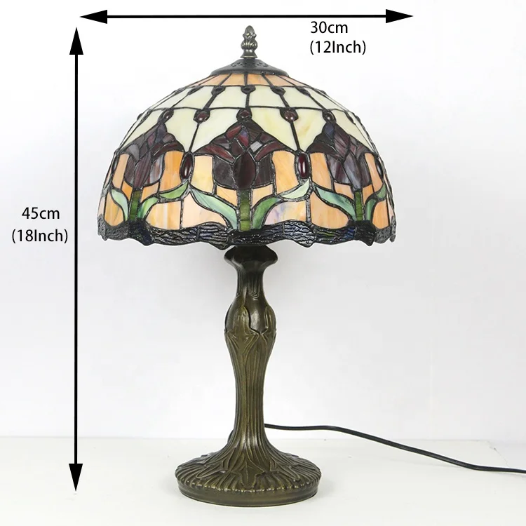 Luminária de Mesa em Vidro Colorido Estilo Tiffany com Flor de Tulipa, Abajur de 12 Polegadas com Base de Metal para Quarto