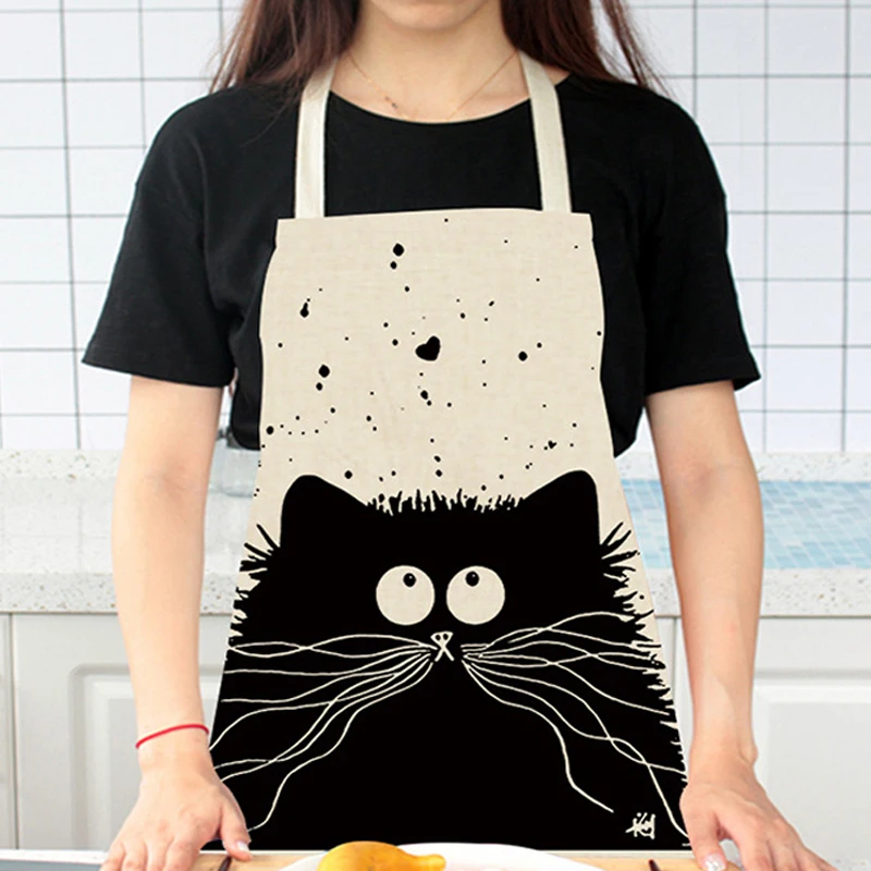 Cartoon Cat Apron Kitchen Cute Printed Sleeveless Cotton Linen Chef Aprons For Men Women Home Cleaning Tools Baking Accessories