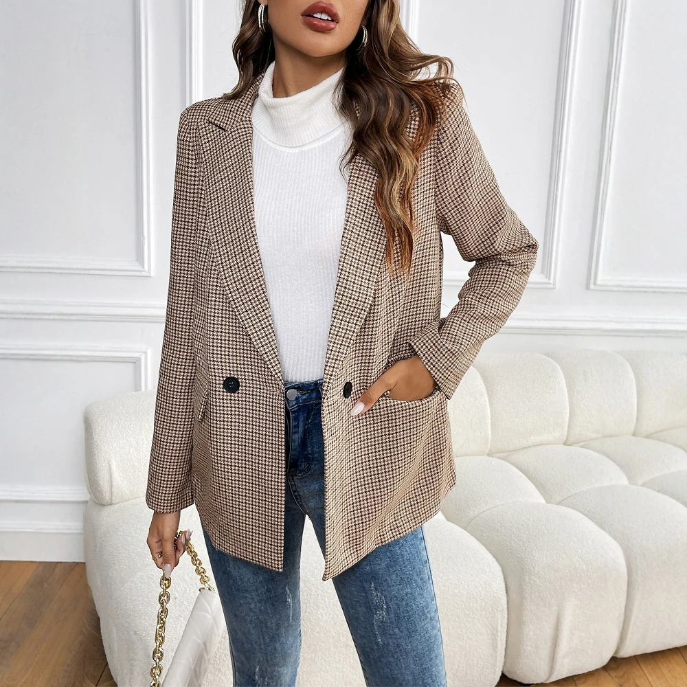

UNIKTEE женский клетчатый пиджак, осенний модный топ с длинными рукавами и шалевым воротником на одной пуговице, приличный офисный женский модный топ