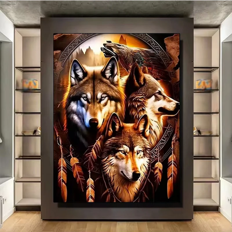 

5D Diamond Painting Kit Retro Art Dreamcatcher Animal Wolf Diy Embroidery Mosaic Adult Home Decoration