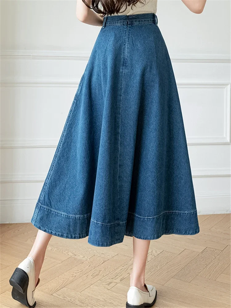 Seoulish High Waist Women\'s Denim Long A-Line Skirts Spring Summer Vintage Cowboy Jeans Umbrella Skirts Pockets Female 2024 New