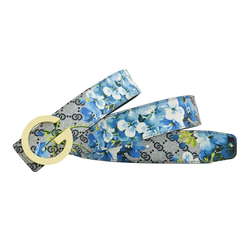 Western Fashion Men Leather Belt Blue Flower Print Green Flower Tiger Pattern Smooth G Buckle Strap