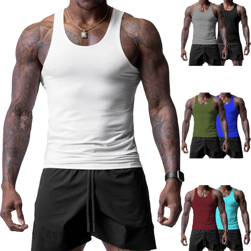 Summer Explosive Men\'s Tank Top Solid Color Wide Shoulder  Foundation Classic Sleeveless Basketball Sports Fitness Vest