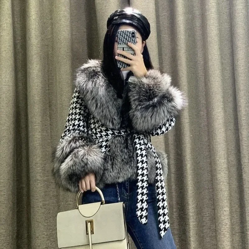 Winter Elegant Fur Coat Women Short Thousand Bird Check Fur Collar Silver Faux Fur Jackets Luxury Warm Parkas Cotton Clothes New