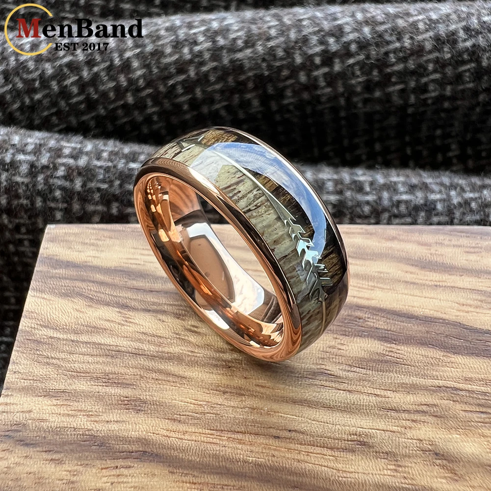 MenBand 6/8MM Koa Zebra Wood Antler Steel Arrows Inlay Tungsten Band Rings for Men Women Wedding Engagement Jewelry Comfort Fit view 4