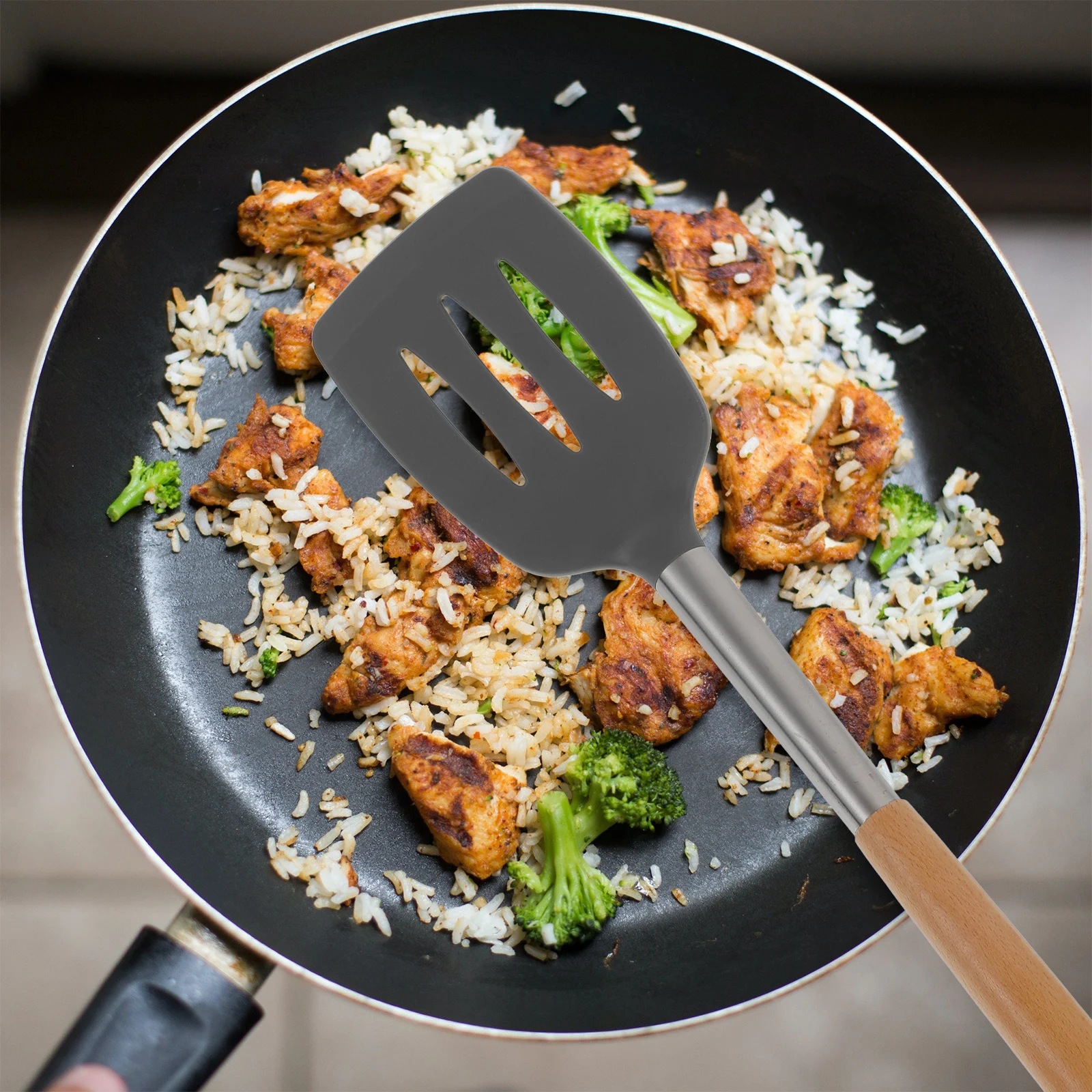 

2Pcs Wood H Silicone Spatula Heat Resistant Cooking Shovel Kitchen Tool Reusable Anti Scalding Fried Practical Long H