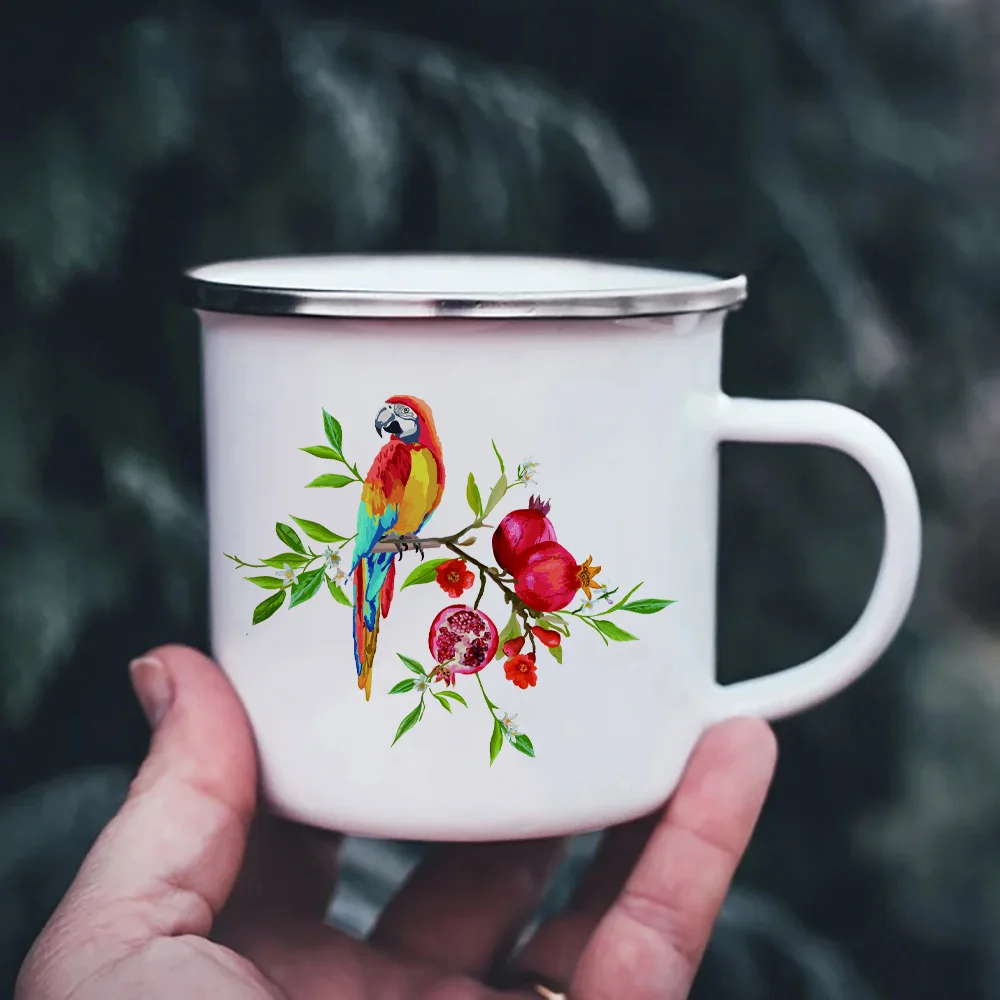Tourist Mug Beer Cup Parrot and Pomegranate Enamel Mug Coffee Mugs Unusual Tea Cup Personalized Gift Drinkware Custom Cups Gifts