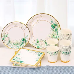Sage Green Disposable Tableware Tropic Greenery  Party Paper Plates Cup Supply Wedding Birthday Jungle Safari Theme Party Decor