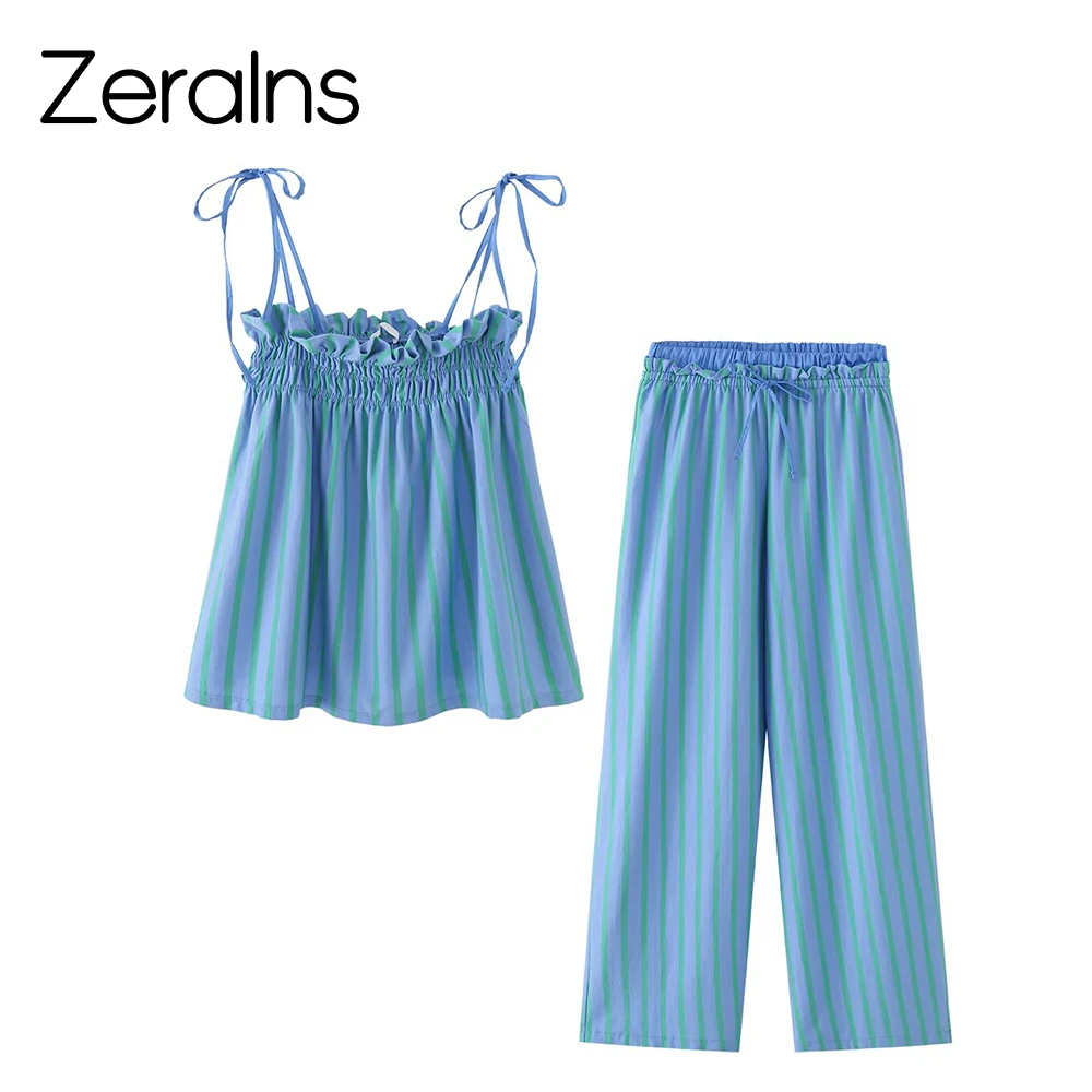

ZERAINS Summer women's straight neck pleated bow suspender top mid waist casual striped wide leg pants set