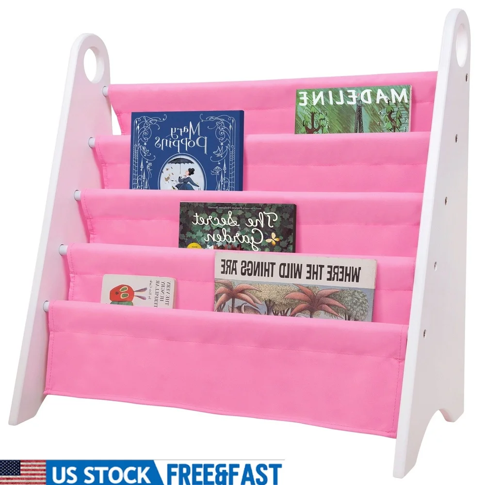 

Modern Sling Bookshelf Kids Storage Solution with Four Sling Shelves Easy Access Handles Durable MDF and Metal Bedroom Decor