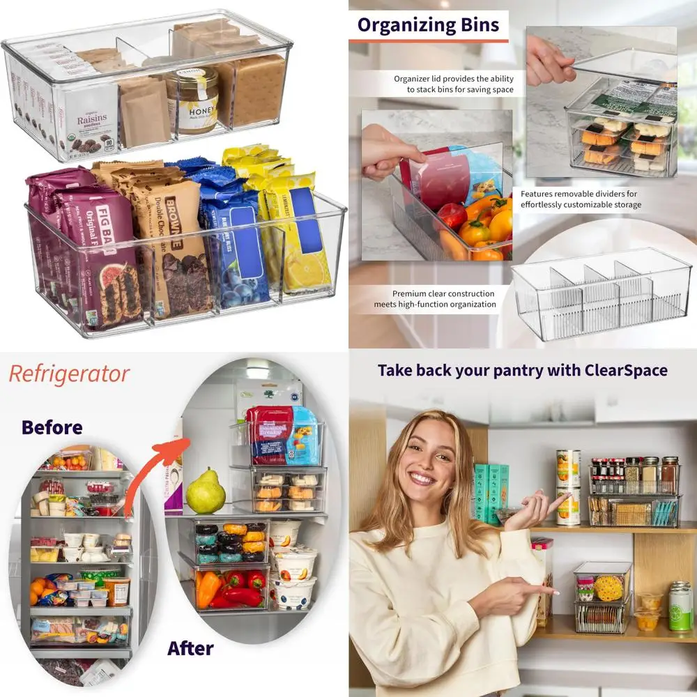 

Eco-friendly Clear Storage Bins with Adjustable Dividers and Lids for Ultimate Kitchen Pantry Organization