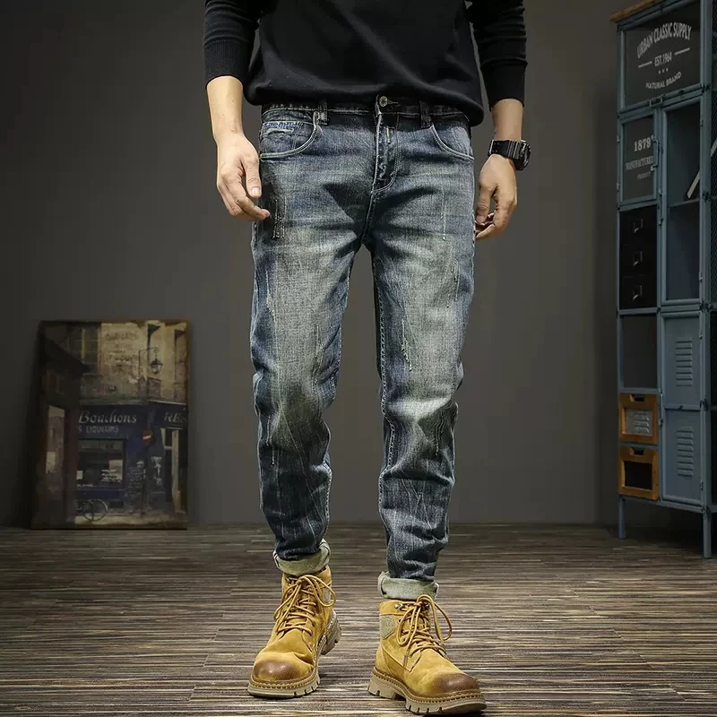 Vintage Fashion Men Jeans Retro Blue Stretch Slim Fit Ripped Jeans Men Classical Trousers Elastic Casual Designer Pants Hombre