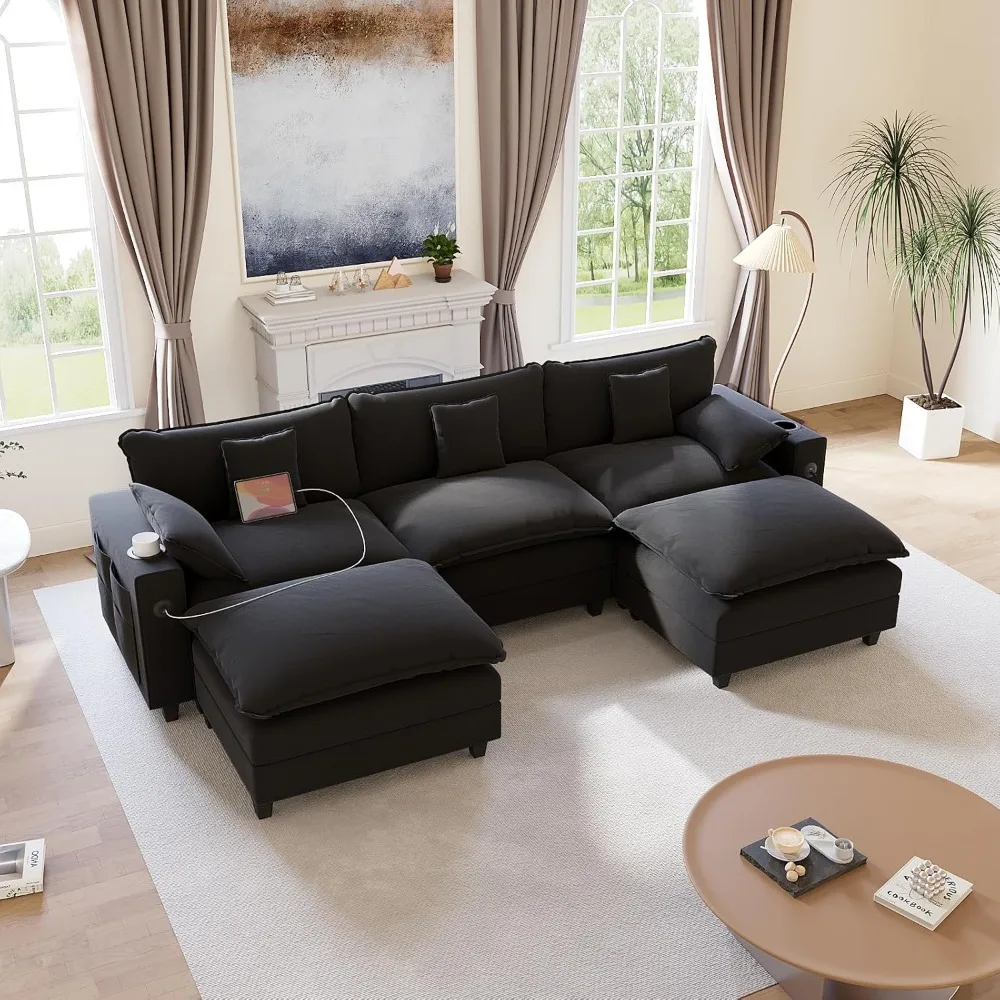 

116" Modular Sectional Sofa, U Shaped Cloud Couch with Movable Ottoman, Chenille Deep Seat Cloud Sofa with Charging Station