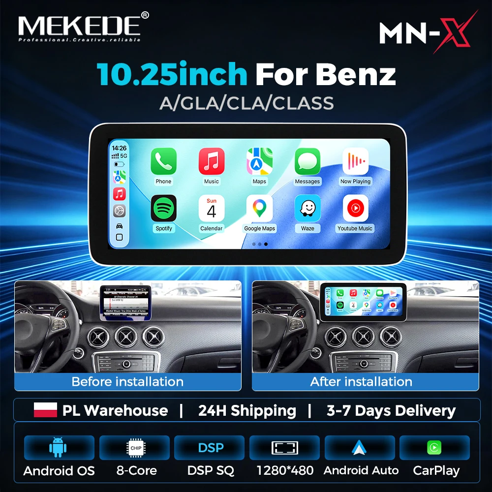 Autoradio Android 14 Mekede 6G+128G 8 cœurs pour Mercedes-Benz Classe A / CLA / GLA W176 W118 C117 avec Carplay sans fil, navigation GPS et systèmes intelligents.