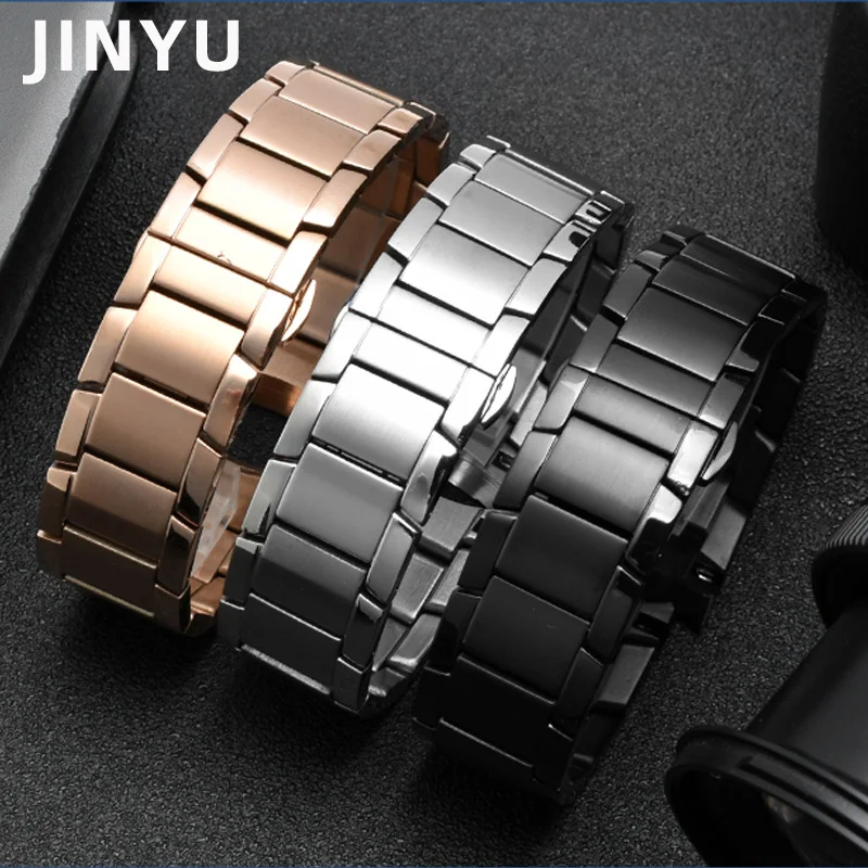 Curved end Watchband 22mm For Armani AR2452 AR2453 AR2448 2447 2453 Stainless Steel Watch Strap Folding Buckleatch Band Bracelet