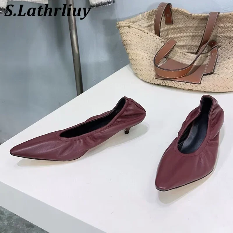 2025 Spring Summer Genuine Leather Pleated Pointed Toe Kitte Heel Women's Retro Shallow Mouth High Heels Banquet Dress Shoes