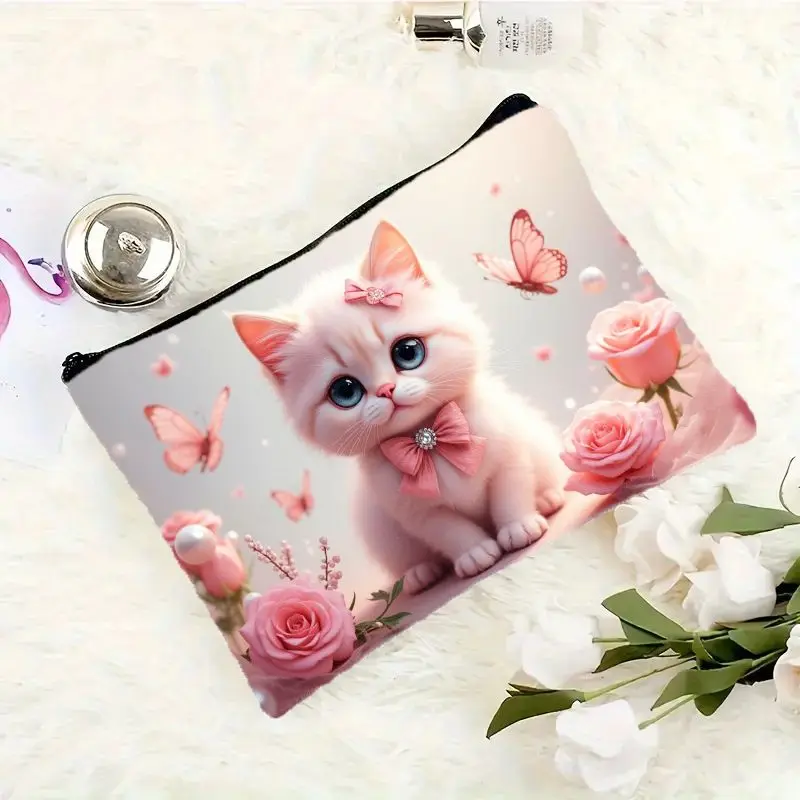 1 Piece Cute Pink Kitten and Rose Design Makeup Bag - Multifunctional Zipper Pouch for Women, Perfect Travel Zipper Storage Bag, Fun Birthday Gift