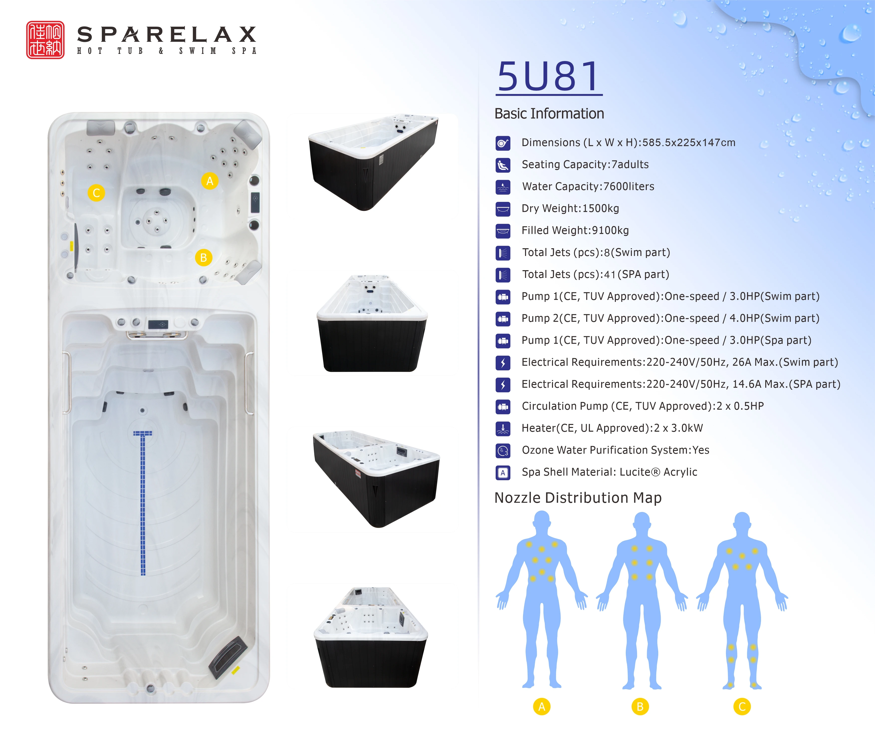 Dual Zone oberirdisches 6-Personen-Schwimmbad, Whirlpool, rechteckig, endloser Pool mit Massagefunktion für den Einsatz in Hotelvillen im Innen- und Außenbereich
