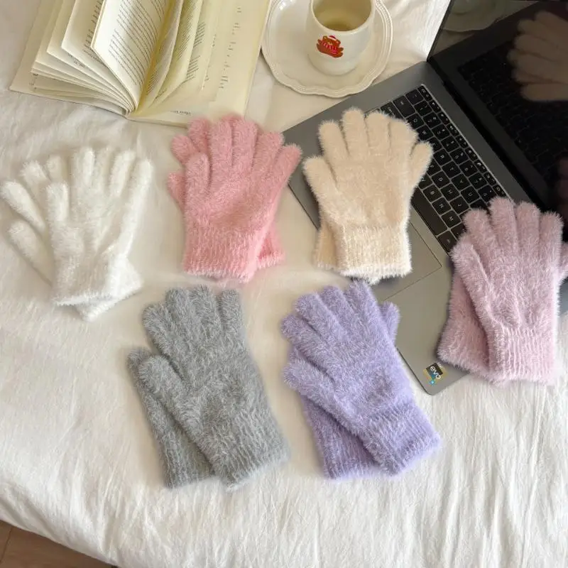 

Вязаные перчатки из искусственного меха норки, зимние теплые толстые бархатные перчатки с пятью пальцами, женские однотонные варежки для езды на велосипеде на открытом воздухе