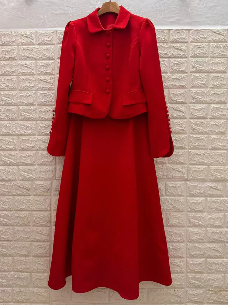 レトロな無地襟付きスリム長袖コートジャケット秋の新作ファッションツーピースハイウエストAラインスカートレディーススーツ