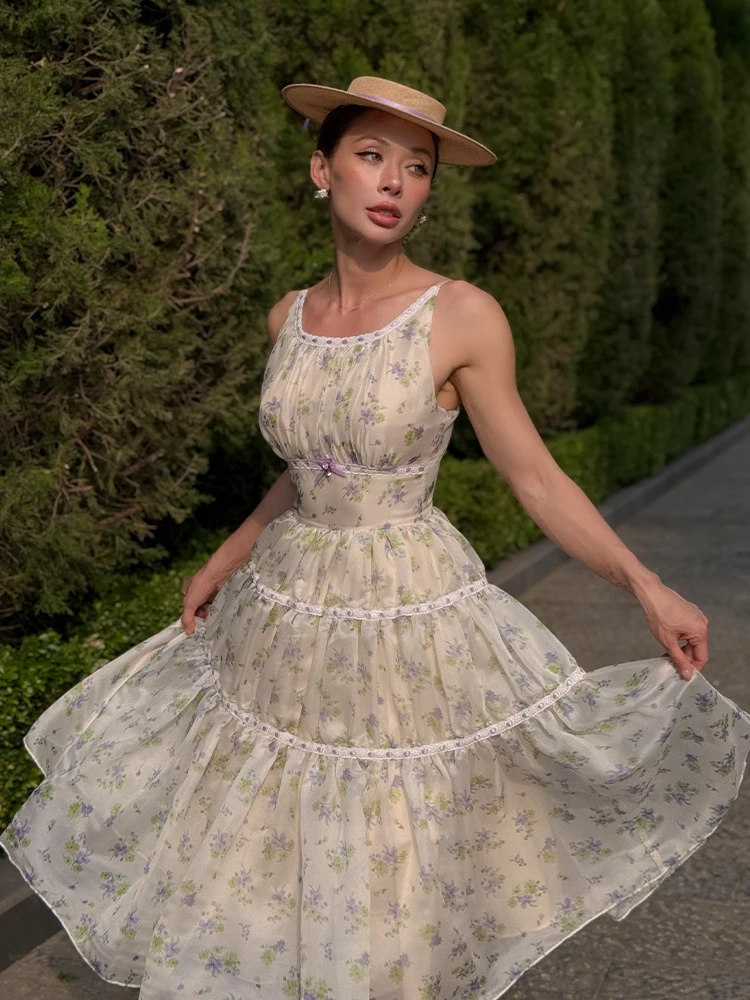 

Le Palais Vintage Original Retro Silk Chiffon Ogean Gauze Small Flower Heben Sle Puffy Skirt Sweet High Waist Summer Dr ...